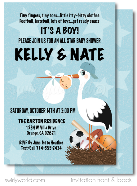 Adorable Stork It's a Boy Sports theme All Star Couple's Outdoor Baby  Shower Invitations