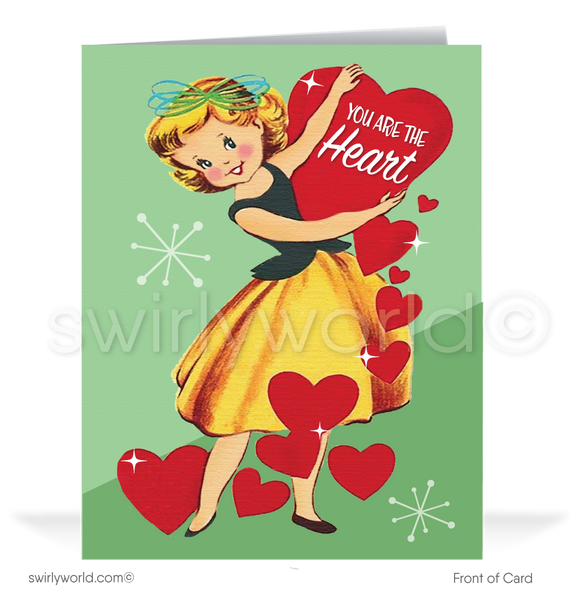 1950s School Valentine Card With Glitter, Unsigned, Vintage Greeting,  Angels and Hearts, One Side, Paper Ephemera 