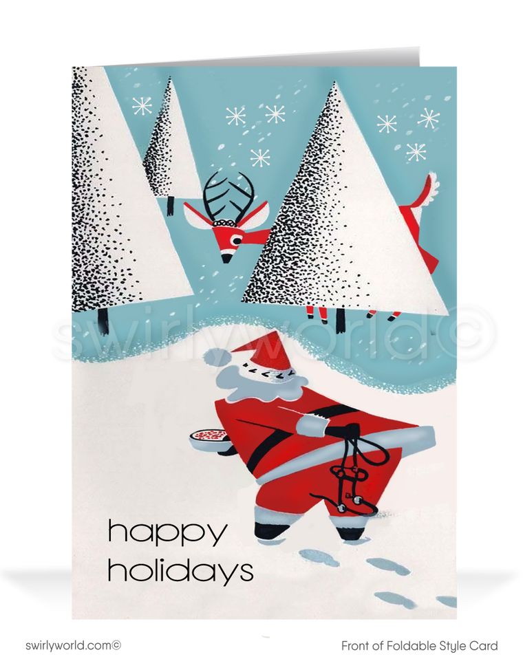 Step back in time with our exclusive vintage mid-century modern holiday greeting cards, filled with the charm of a cherished era. This unique design showcases Santa Claus leaving food out for a shy reindeer hiding behind snowcapped trees. Personalize this design with your custom wording.