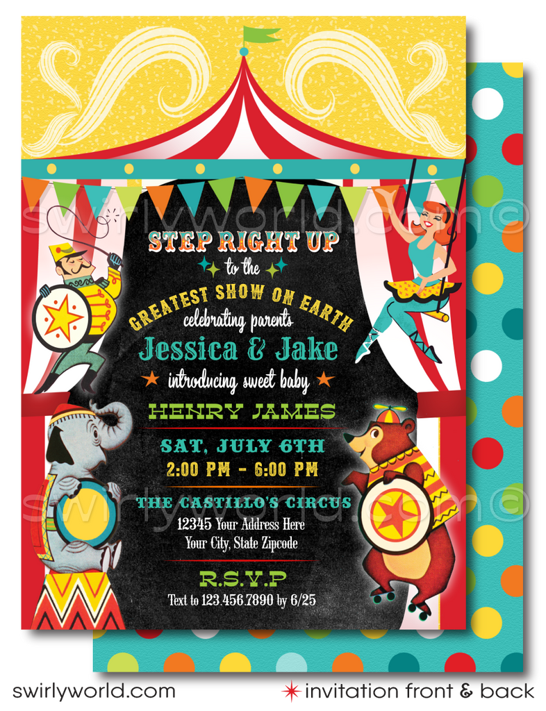 Step right up to a spectacular baby shower with Swirly World's exclusive 1950's Retro Circus Carnival Invitation Set. Featuring a performing elephant, trapeze artists, and more in a classic circus design. Edit and download these enchanting invitations for a nostalgic celebration that brings the big top to your door.