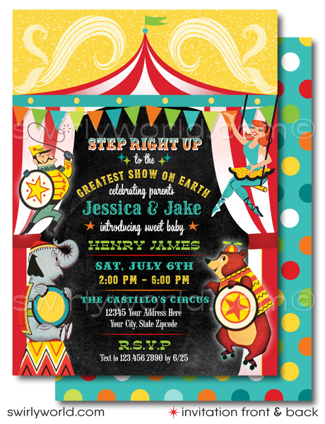 1950's Retro Vintage Circus Carnival Baby Shower Invitation and Thank ...