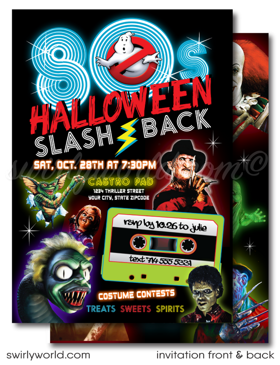 Throw the ultimate 80s-themed Halloween bash with our SPOOKTACULAR invitation design! Featuring iconic horror legends like Beetlejuice, Freddy Krueger, and Michael Myers, this vibrant neon invite brings the 1980s back to life. Printed on premium card stock and shipped to your door—get ready for a wickedly fun party!