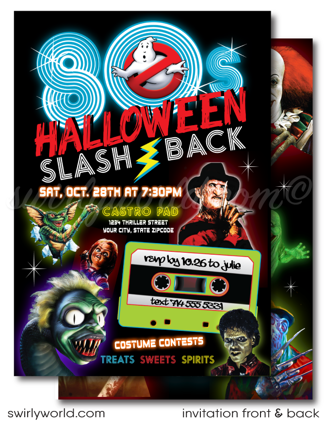 Throw the ultimate 80s-themed Halloween bash with our SPOOKTACULAR invitation design! Featuring iconic horror legends like Beetlejuice, Freddy Krueger, and Michael Myers, this vibrant neon invite brings the 1980s back to life. Printed on premium card stock and shipped to your door—get ready for a wickedly fun party!