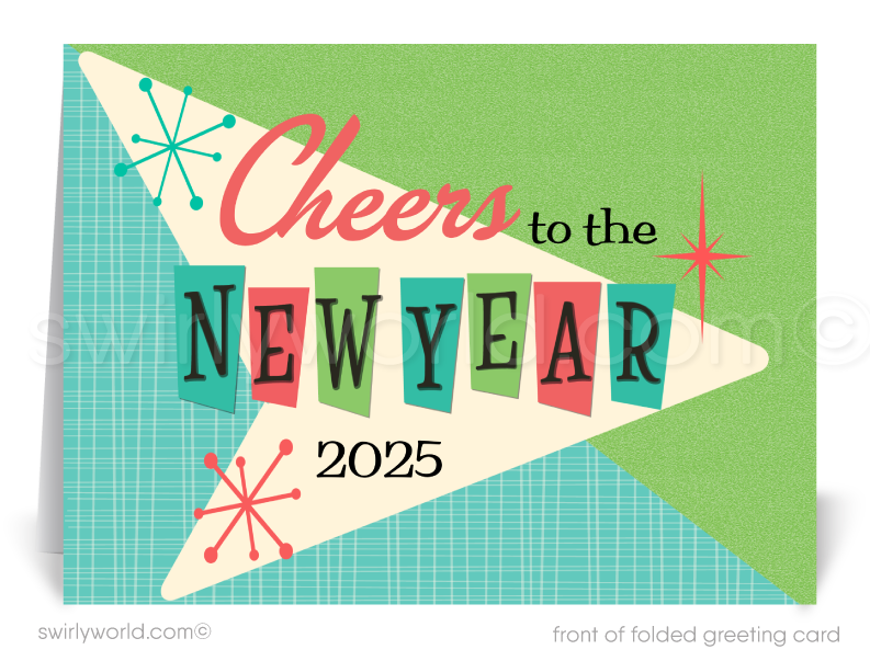 Cheers to the New Year! Atomic Mid-Century Retro Happy New Year Greeting Cards for 2025