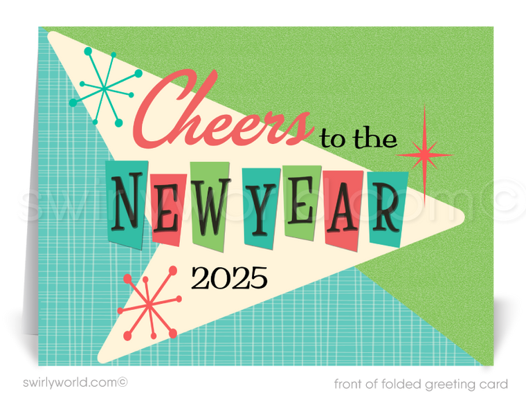 Cheers to the New Year! Atomic Mid-Century Retro Happy New Year Greeting Cards for 2025