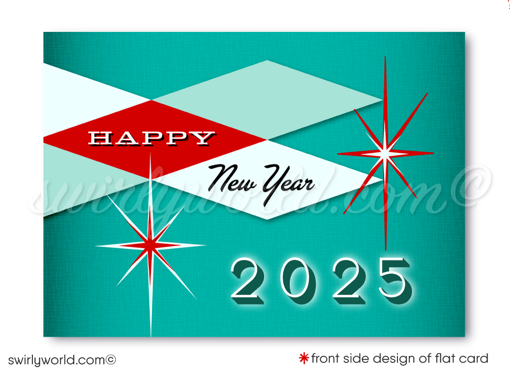 Ring in 2025 with retro flair! Mid-Century Modern Happy New Year Card featuring MCM motifs, starbursts, & full customization via Corjl. Chic & nostalgic design!