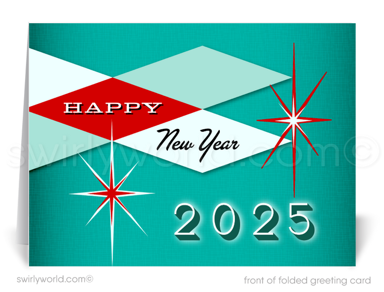 Celebrate the New Year with retro 1950s-60s cards featuring starbursts, retro typography, and a teal blue & red MCM color palette. Perfect for vintage style lovers!