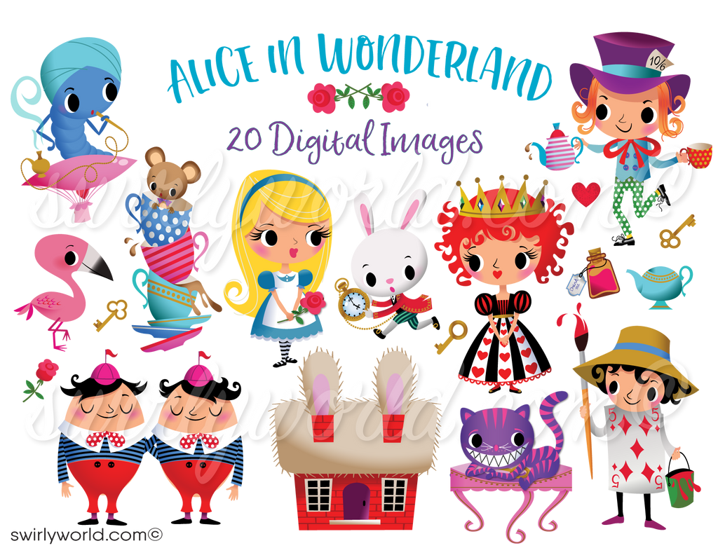 Exclusive Alice in Wonderland Cheshire Cat Mad Hatter Queen of Hearts Tweedle Dee Dum Caterpillar Digital Illustration Images