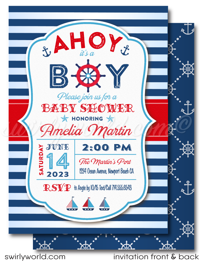 Embark on a maritime celebration with Swirly World's exclusive 'Ahoy It's A Boy' Nautical Baby Shower Invitation Set. Featuring sailboats, anchors, and captain’s wheel in red, white, and blue. Customize easily with Corjl and instantly download your designs for a sea-themed baby shower that’s sure to make waves.