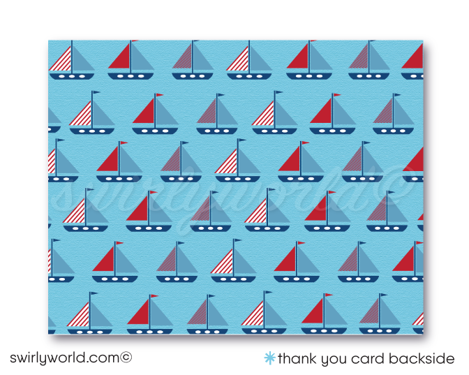 Embark on a maritime celebration with Swirly World's exclusive 'Ahoy It's A Boy' Nautical Baby Shower Invitation Set. Featuring sailboats, anchors, and captain’s wheel in red, white, and blue. Customize easily with Corjl and instantly download your designs for a sea-themed baby shower that’s sure to make waves.