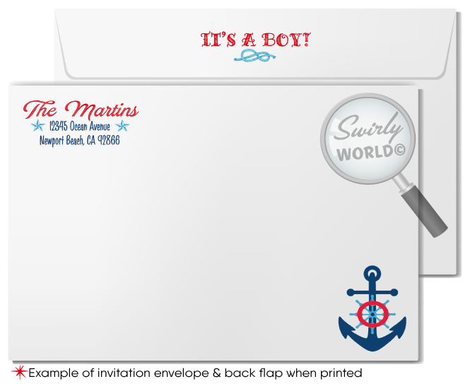 Embark on a maritime celebration with Swirly World's exclusive 'Ahoy It's A Boy' Nautical Baby Shower Invitation Set. Featuring sailboats, anchors, and captain’s wheel in red, white, and blue. Customize easily with Corjl and instantly download your designs for a sea-themed baby shower that’s sure to make waves.