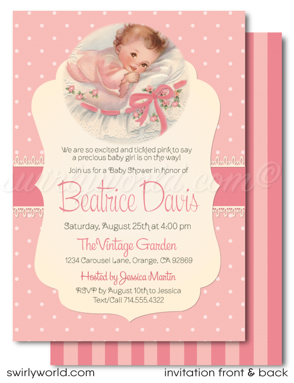 "Tickled Pink" Retro Mid-Century 1940s Baby Shower Invitation & Thank You Card Set