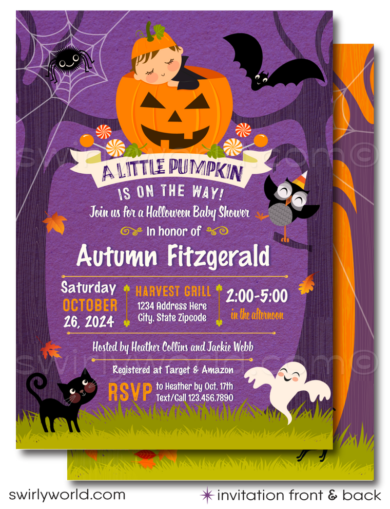 This Halloween Baby Shower design set showcases an adorable slumbering newborn baby nestled inside a carved Jack-O-Lantern pumpkin. Surrounding the scene are charming Halloween characters such as a black kitty cat, a giggling ghost, and dangling spiders on eerie trees, all set against a vibrant Halloween backdrop of purple and orange.