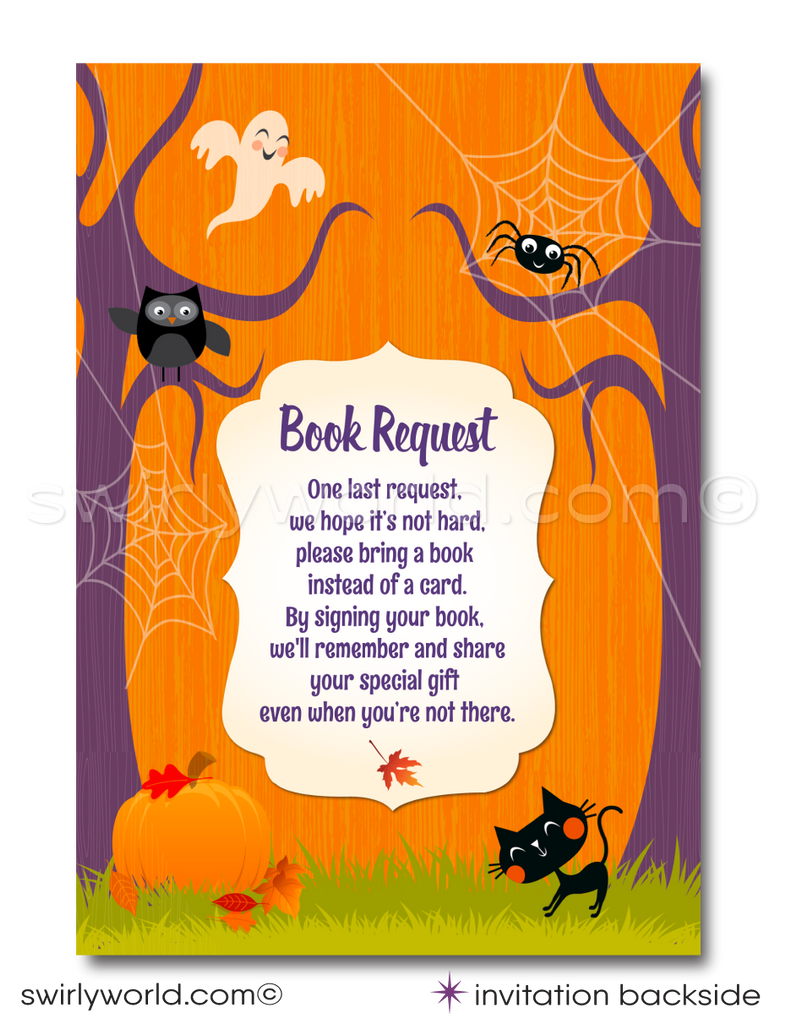 This Halloween Baby Shower and Book Request design set showcases an adorable slumbering newborn baby nestled inside a carved Jack-O-Lantern pumpkin. Surrounding the scene are charming Halloween characters such as a black kitty cat, a giggling ghost, and dangling spiders on eerie trees, all set against a vibrant Halloween backdrop of purple and orange.