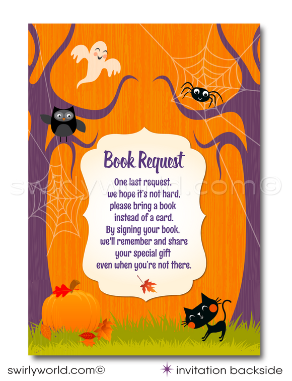 This Halloween Baby Shower design set showcases an adorable slumbering newborn baby nestled inside a carved Jack-O-Lantern pumpkin. Surrounding the scene are charming Halloween characters such as a black kitty cat, a giggling ghost, and dangling spiders on eerie trees, all set against a vibrant Halloween backdrop of purple and orange.