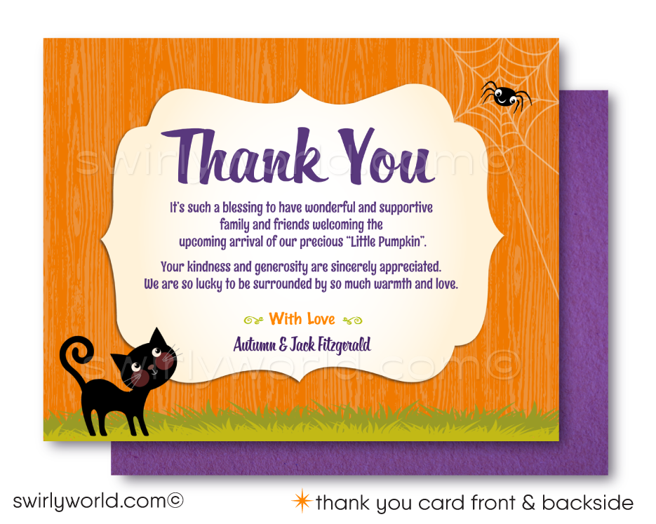 This Halloween Baby Shower design set showcases an adorable slumbering newborn baby nestled inside a carved Jack-O-Lantern pumpkin. Surrounding the scene are charming Halloween characters such as a black kitty cat, a giggling ghost, and dangling spiders on eerie trees, all set against a vibrant Halloween backdrop of purple and orange.