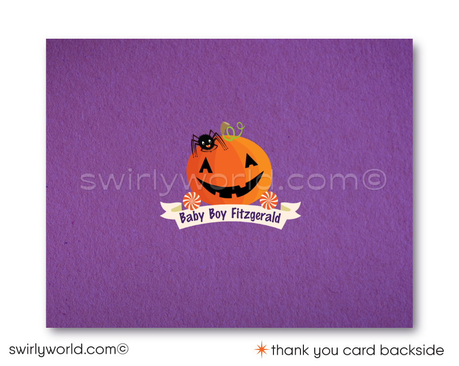 This Halloween Baby Shower design set showcases an adorable slumbering newborn baby nestled inside a carved Jack-O-Lantern pumpkin. Surrounding the scene are charming Halloween characters such as a black kitty cat, a giggling ghost, and dangling spiders on eerie trees, all set against a vibrant Halloween backdrop of purple and orange.