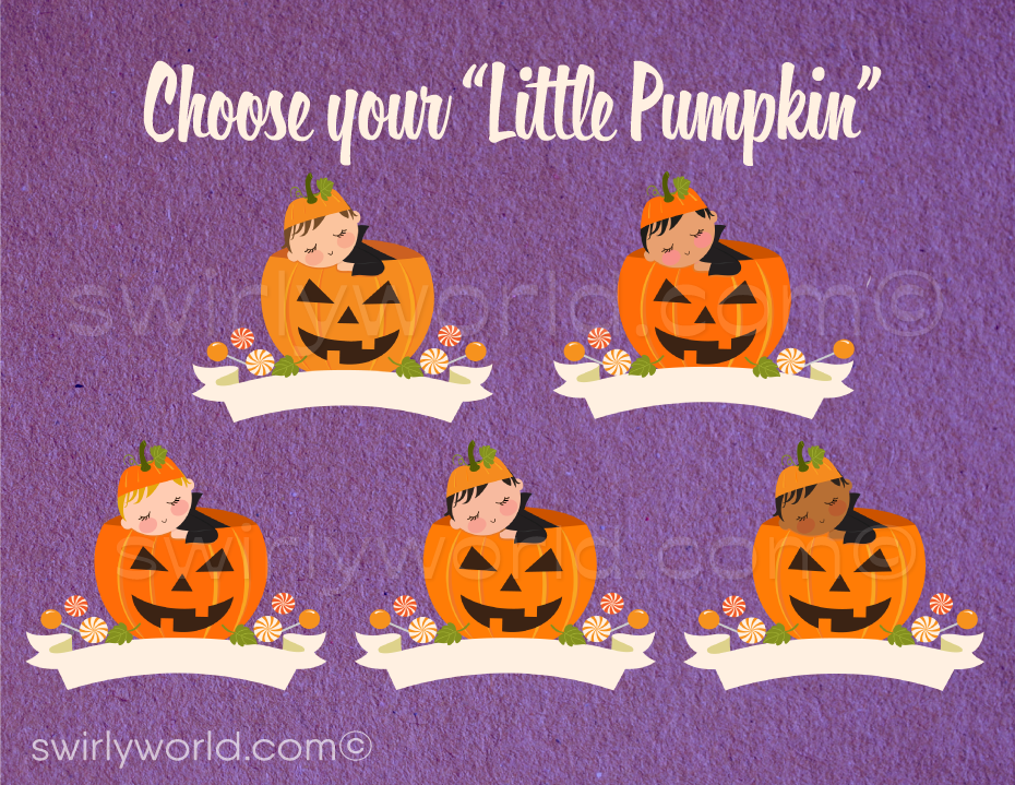 This Halloween Baby Shower design set showcases an adorable slumbering newborn baby nestled inside a carved Jack-O-Lantern pumpkin. Surrounding the scene are charming Halloween characters such as a black kitty cat, a giggling ghost, and dangling spiders on eerie trees, all set against a vibrant Halloween backdrop of purple and orange.