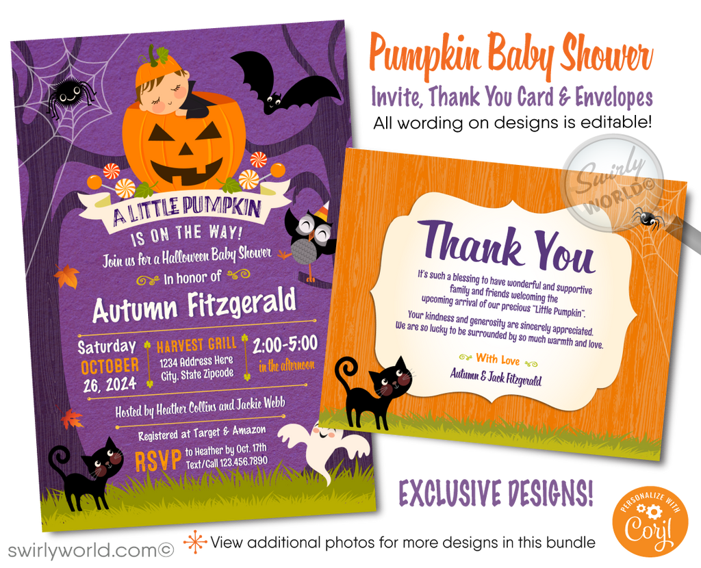 Celebrate your Little Pumpkin's big debut with our Halloween Baby Shower Digital Download Bundle! Includes an invitation, thank you card, and matching envelope designs. Easily editable in Corjl, this ghoulishly cute set is perfect for an Autumn Halloween celebration. Customize and download for a spooktacular event!