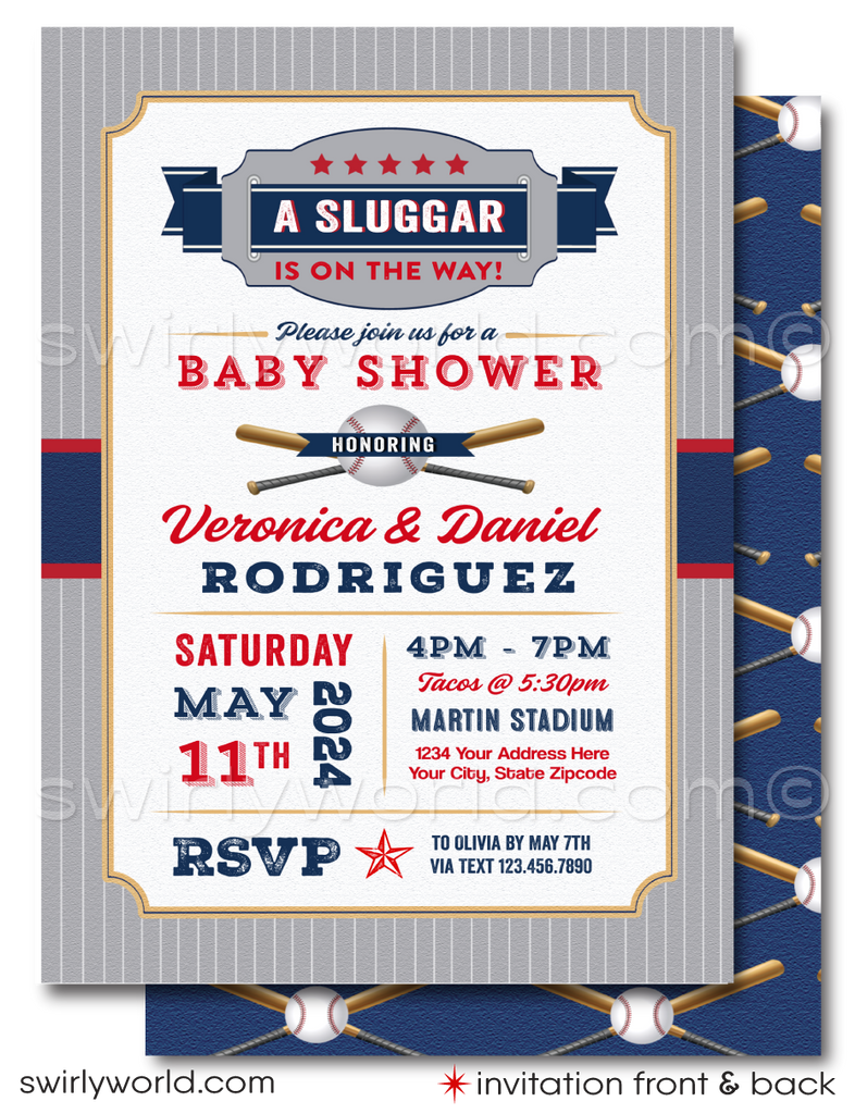 Hit a home run with our All-Star Sports Baseball Little Slugger Couples' Baby Shower Invitation Set! Includes printed invitations, thank you cards, and envelopes with a classic red, white, gray, and blue color scheme. Featuring baseball and bat illustrations with retro sports fonts. Customize wording in Corjl and get ready to celebrate!