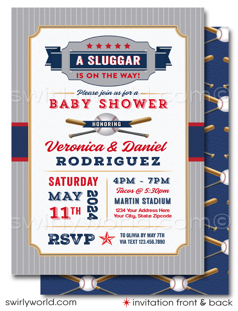 Hit a home run with our All-Star Sports Baseball Little Slugger Couples' Baby Shower Invitation Set! Includes printed invitations, thank you cards, and envelopes with a classic red, white, gray, and blue color scheme. Featuring baseball and bat illustrations with retro sports fonts. Customize wording in Corjl and get ready to celebrate!