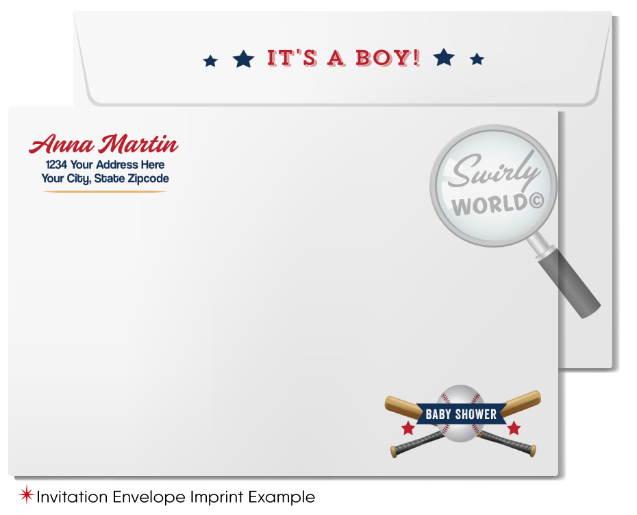 Hit a home run with our All-Star Sports Baseball Little Slugger Couples' Baby Shower Invitation Set! Includes printed invitations, thank you cards, and envelopes with a classic red, white, gray, and blue color scheme. Featuring baseball and bat illustrations with retro sports fonts. Customize wording in Corjl and get ready to celebrate!