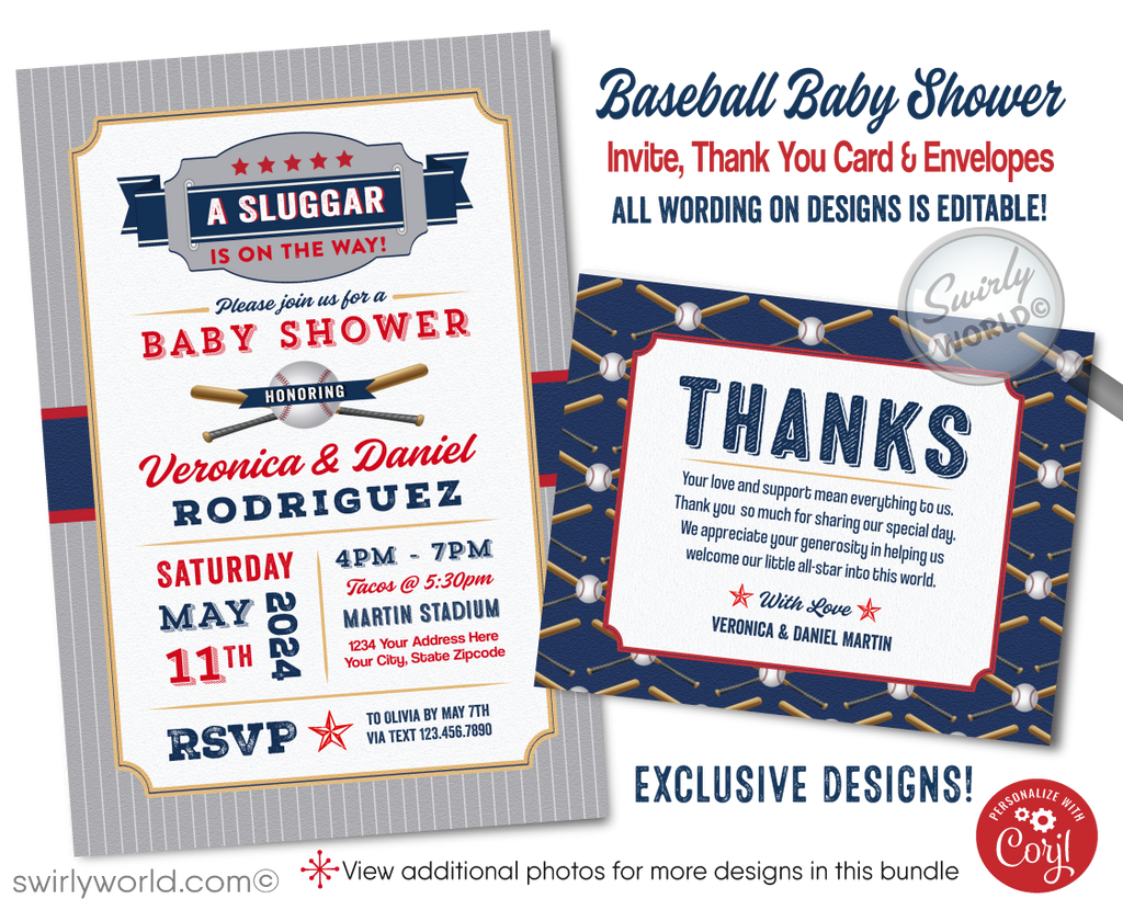 Hit a home run with our All-Star Sports Baseball Little Slugger Couples' Baby Shower Invitation Set! Includes printed invitations, thank you cards, and envelopes with a classic red, white, gray, and blue color scheme. Featuring baseball and bat illustrations with retro sports fonts. Customize wording in Corjl and get ready to celebrate!