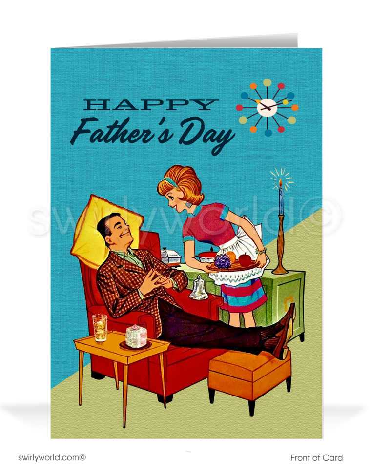 Step back in time this Father’s Day with Swirly World's 1960s Vintage Style Greeting Card. Featuring a relaxed, mid-century modern dad design in a Mad Men style living room chilling out on his chair with feet up being served by his beautiful doting wife. Customize for businesses or personal use. 