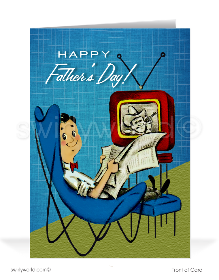 Step back in time this MCM Mad Men Father’s Day with Swirly World's 1960s Vintage Style Card. Featuring a relaxed, mid-century modern dad design. Customize for businesses or personal use. Choose from folded or flatcard styles with optional custom envelopes. Printed on premium cardstock for a durable, luxurious feel.