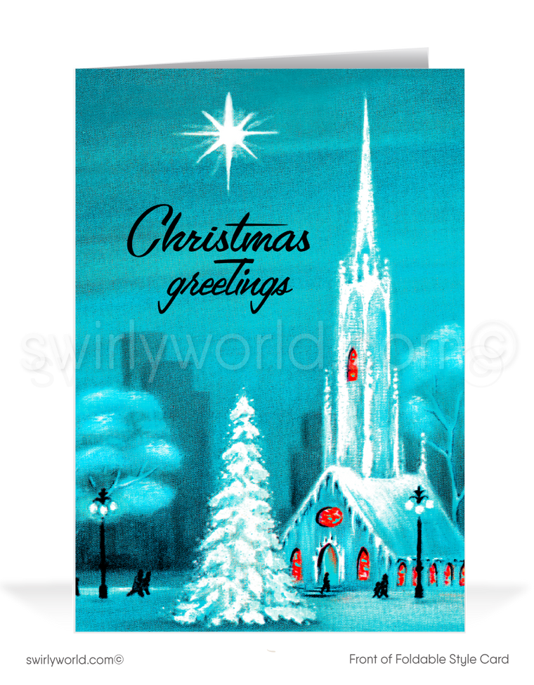 Celebrate Christmas with a vintage 1940s-50s card featuring a mid-century modern snowcapped church, stained glass, and a radiant retro "North Star" in a shimmering sky.