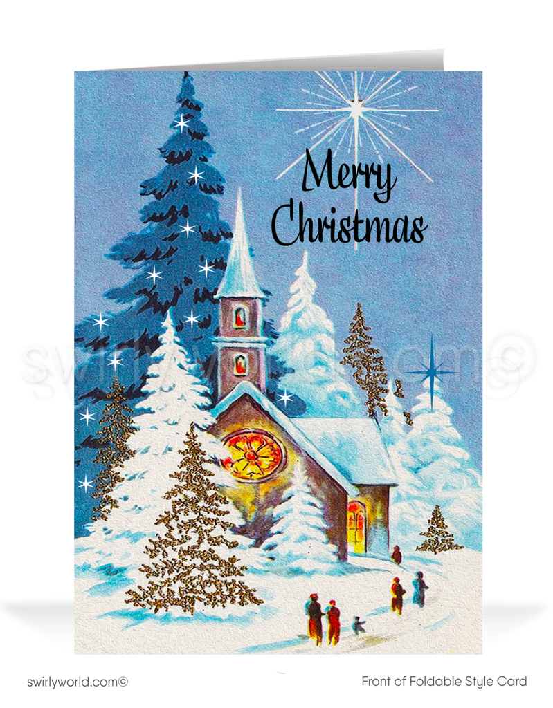 Vintage Christmas Card with Elegant Church, Atomic Starburst "North Star," and Serene Snowy Winter Scene