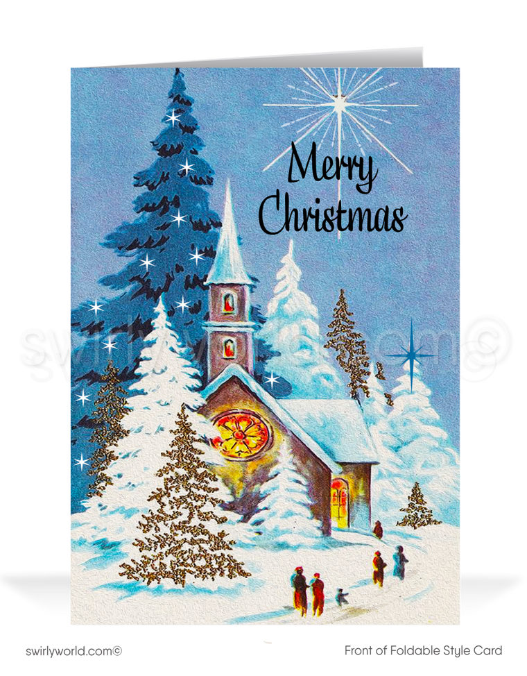 Vintage Christmas Card with Elegant Church, Atomic Starburst "North Star," and Serene Snowy Winter Scene