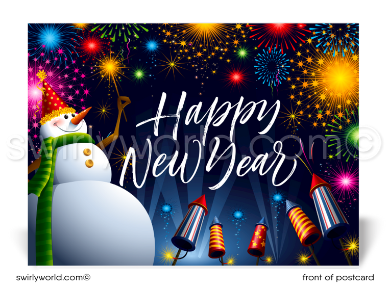 Celebrate with charm! Our exclusive Happy New Year Postcards feature a festive snowman, fireworks, and retro typography on a bold black backdrop.