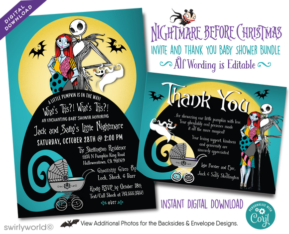 Nightmare Before Christmas NBC Jack & Sally Goth Halloween Baby Shower Digital Invitations and Thank You Cards