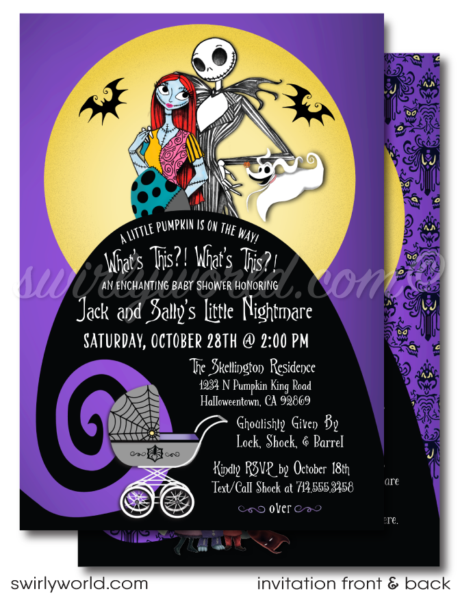 Nightmare Before Christmas NBC characters Jack and Sally Skellington Couples Goth Baby Shower Invitation and matching Thank You Cards