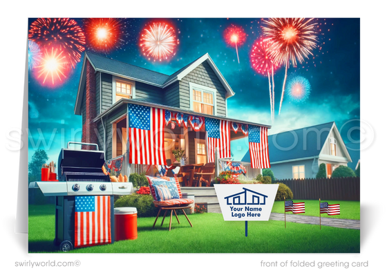 Celebrate Independence Day and stay connected with your clients with our exclusive Happy 4th of July greeting cards, specially designed for Realtors. These cards showcase a picturesque traditional-style home, beautifully adorned with patriotic American flags and a vibrant display of fireworks illuminating the sky.