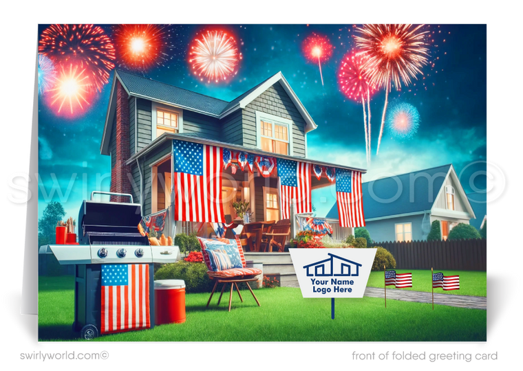 Celebrate Independence Day and stay connected with your clients with our exclusive Happy 4th of July greeting cards, specially designed for Realtors. These cards showcase a picturesque traditional-style home, beautifully adorned with patriotic American flags and a vibrant display of fireworks illuminating the sky.