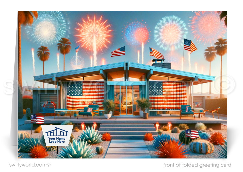 Mark the Fourth of July and strengthen client connections with our custom-designed greeting cards for Realtors. These cards showcase a striking mid-century modern home adorned with American flags, lush succulent desert landscaping, and brilliant fireworks bursting over an impressive forest skyline.