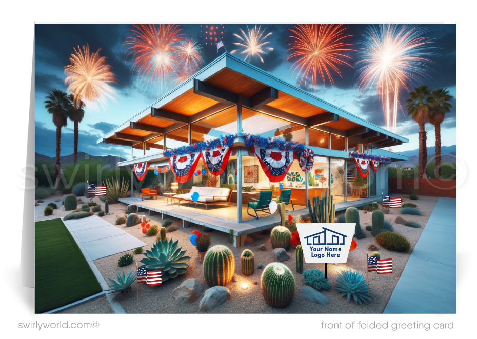 Mark the Fourth of July and strengthen client connections with our custom-designed greeting cards for Realtors. These cards showcase a striking mid-century modern home adorned with American flags, lush succulent desert landscaping, and brilliant fireworks bursting over an impressive forest skyline.