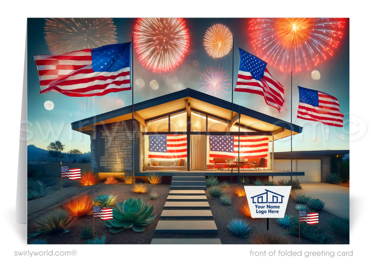 Mark the Fourth of July and strengthen client connections with our custom-designed greeting cards for Realtors. These cards showcase a striking mid-century modern home adorned with American flags, lush succulent desert landscaping, and brilliant fireworks bursting over an impressive forest skyline.