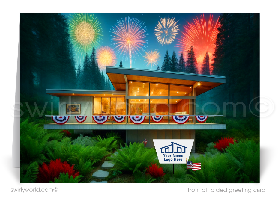 Celebrate the Fourth of July and maintain client relationships with our exclusive greeting cards tailored for Realtors. These cards feature a stunning mid-century modern style home, elegantly decorated with American bunting flags and dazzling fireworks exploding above a spectacular forest skyline.