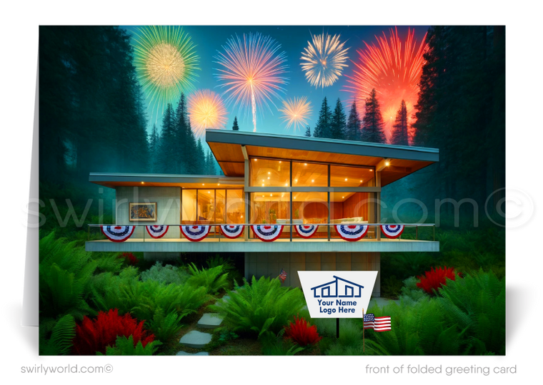 Celebrate the Fourth of July and maintain client relationships with our exclusive greeting cards tailored for Realtors. These cards feature a stunning mid-century modern style home, elegantly decorated with American bunting flags and dazzling fireworks exploding above a spectacular forest skyline.