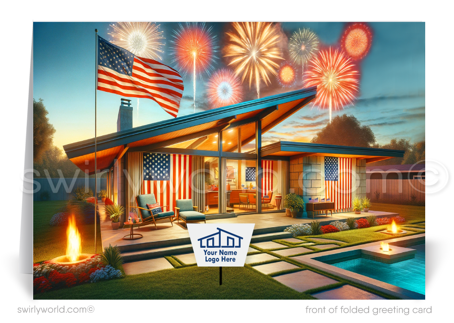 Celebrate the Fourth of July and maintain client relationships with our exclusive greeting cards tailored for Realtors. These cards feature a stunning mid-century modern style home, elegantly decorated with American flags and dazzling fireworks.