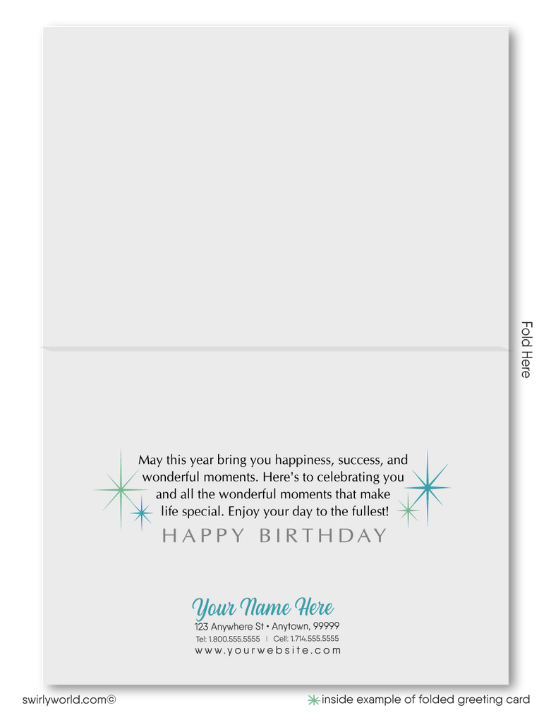 Stand out with our unique Happy Birthday greeting card, featuring vintage-style handwritten lettering in soothing blue and green colors. Choose between a traditional folded card or a budget-friendly flat card. Printed on thick card stock with matching envelopes included. Upgrade to customized envelopes with your logo for a professional touch. Perfect for gender-neutral celebrations.