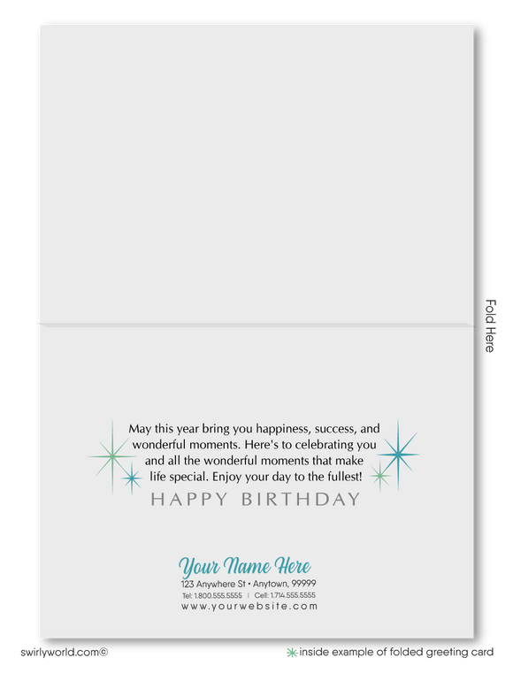 Stand out with our unique Happy Birthday greeting card, featuring vintage-style handwritten lettering in soothing blue and green colors. Choose between a traditional folded card or a budget-friendly flat card. Printed on thick card stock with matching envelopes included. Upgrade to customized envelopes with your logo for a professional touch. Perfect for gender-neutral celebrations.