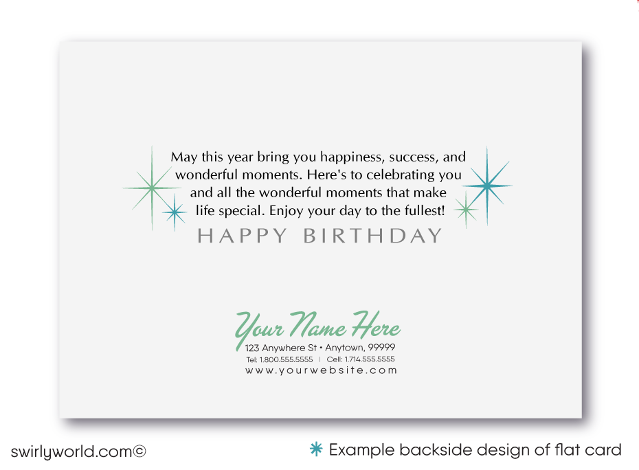 Stand out with our unique Happy Birthday greeting card, featuring vintage-style handwritten lettering in soothing blue and green colors. Choose between a traditional folded card or a budget-friendly flat card. Printed on thick card stock with matching envelopes included. Upgrade to customized envelopes with your logo for a professional touch. Perfect for gender-neutral celebrations.