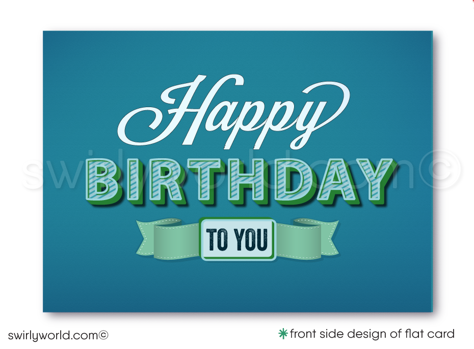 Stand out with our unique Happy Birthday greeting card, featuring vintage-style handwritten lettering in soothing blue and green colors. Choose between a traditional folded card or a budget-friendly flat card. Printed on thick card stock with matching envelopes included. Upgrade to customized envelopes with your logo for a professional touch. Perfect for gender-neutral celebrations.