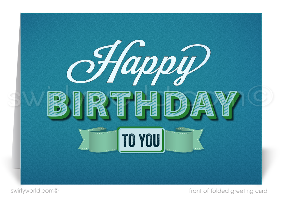 Stand out with our unique Happy Birthday greeting card, featuring vintage-style handwritten lettering in soothing blue and green colors. Choose between a traditional folded card or a budget-friendly flat card. Printed on thick card stock with matching envelopes included. Upgrade to customized envelopes with your logo for a professional touch. Perfect for gender-neutral celebrations.