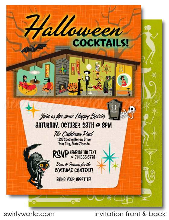 Be the life of the party with our Retro-Shag inspired "Boos and Booze" Halloween invitation! Featuring an Eichler mid-century modern home with retro-style monsters like a Vampire girl, Wolfman, and more. Easily customizable and perfect for a bold, stylish celebration. Download, customize, and share with ease!