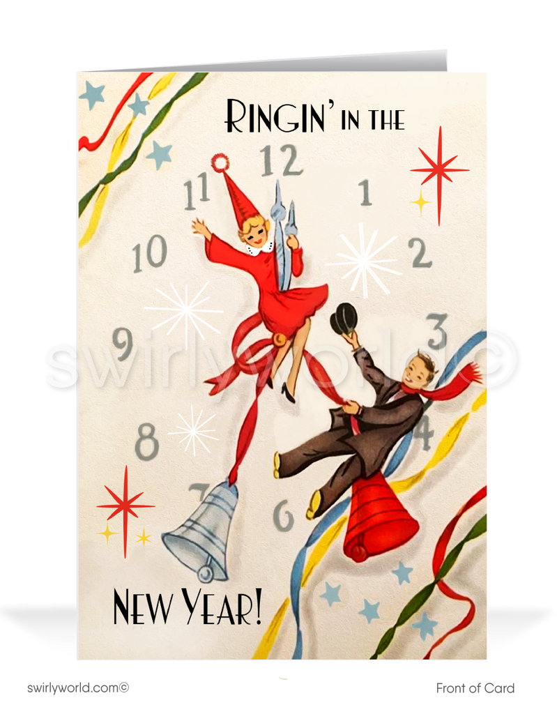 Art Deco Happy New Year Greeting Card – 1930s Retro Clock Design with Vintage Typography, Starbursts, and Festive Streamers